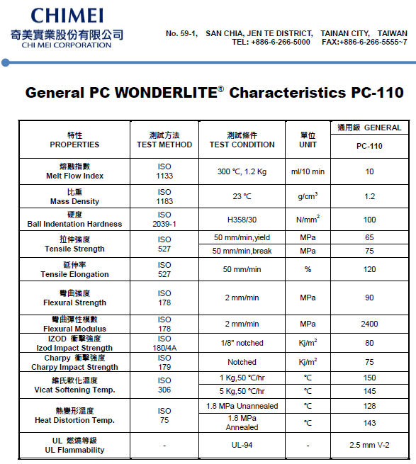 这是一张台湾奇美pc pc-110物性参数表图片