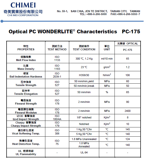 这是一张台湾奇美PC PC-175物性参数表图片