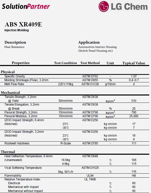 韩国LG ABS XR409E物性表（英文）