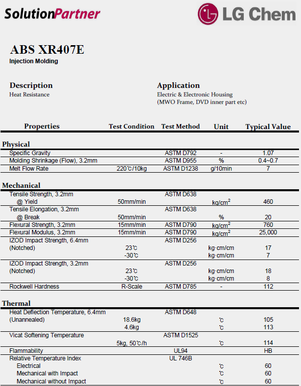 韩国LG ABS XR407E物性表（英文）